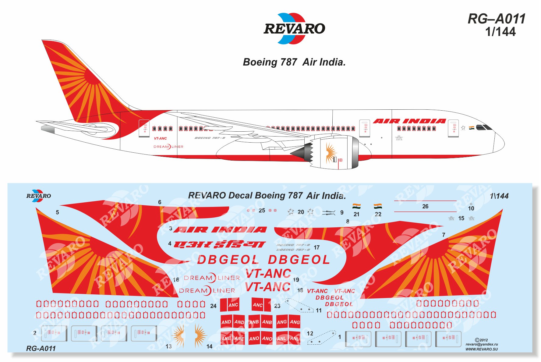 декаль Boeing 787 air india, revaro, decal